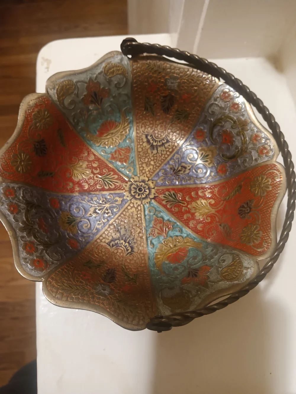 Vintage Brass Cloisonne Pedestal Basket Bowl